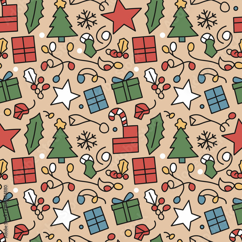 Cute Christmas seamless doodle pattern with gifts trees and holly for festive backgrounds or textiles