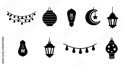 Glowing lantern and bulb silhouettes with festive garland on dark background