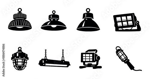 Silhouette of diverse industrial light fixtures on dark background