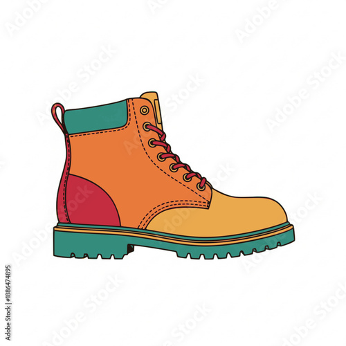 Orange work boot teal sole red accents illustration