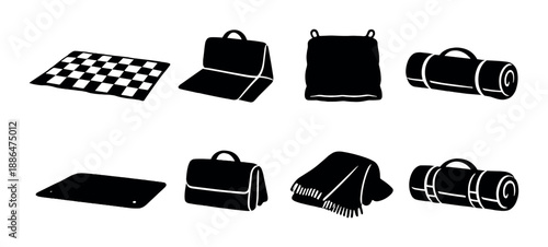 Set of eight black and white picnic and camping accessories