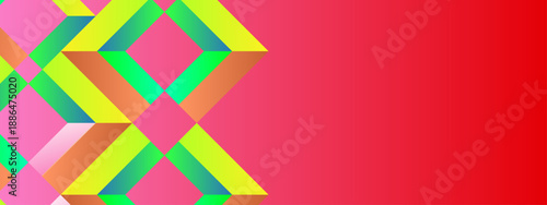 Bold red monochromatic background featuring a colorful geometric diamond frame on the left side for eye catching announcements