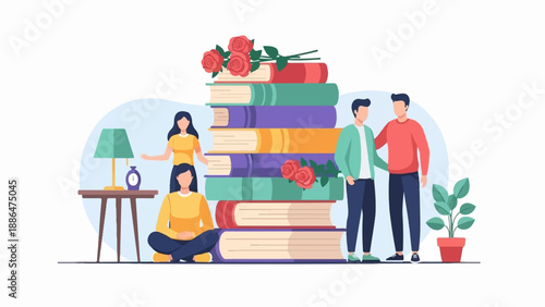 People gathered around stack of books with flowers and a plant