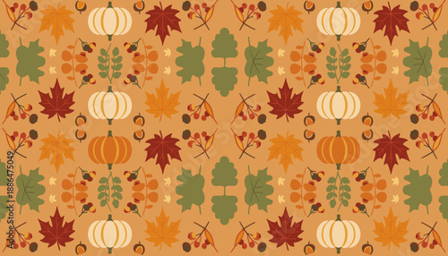 Seamless fall harvest pattern with pumpkins colorful leaves and berries Perfect seasonal background design