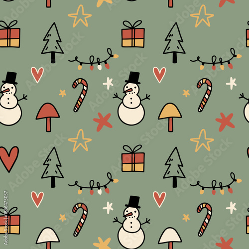 Cozy vintage Christmas doodle seamless pattern with snowmen trees gifts and candy canes on green