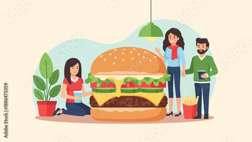 People gathered around a giant hamburger, with fries and a plant