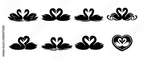 Swan silhouettes forming heart shapes in elegant black and white design