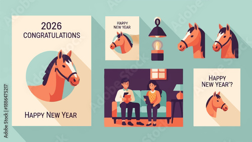 New Year's greetings with horses, a couple on a couch, and decorative lights