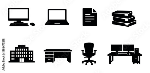 Black silhouette icons of office items including computer, desk, and chair