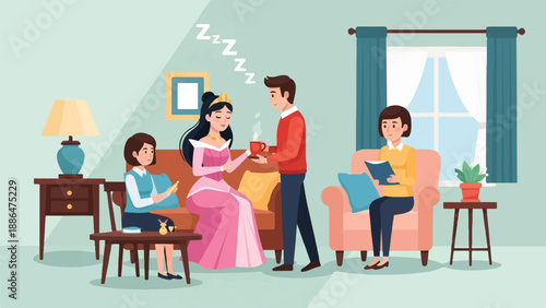 Family relaxing together in a cozy living room, with a princess-like figure receiving a drink