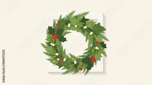Festive circular wreath of greenery and berries within a white frame