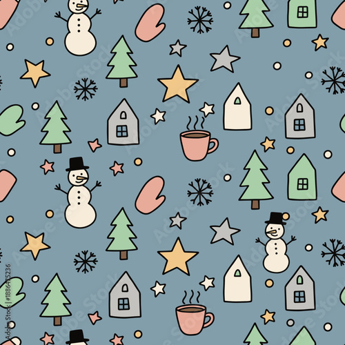 Cozy winter seamless pattern Handdrawn snowmen trees and hot cocoa doodles Holiday background