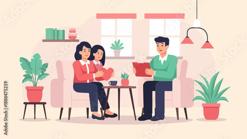 Family session with a counselor in a cozy room with plants