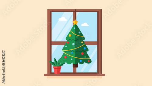 Festive Christmas tree viewed through a window with a plant