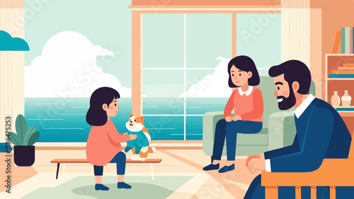 Family shares joyful moment with pet dog by a sunlit window