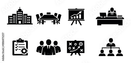 Business and management icon set with strategy and growth elements
