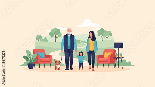 Family strolling with their dog in a park with cozy seating and greenery
