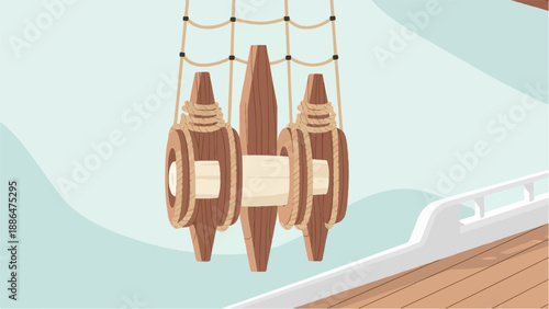 Nautical rigging on a wooden ship deck with a light blue background