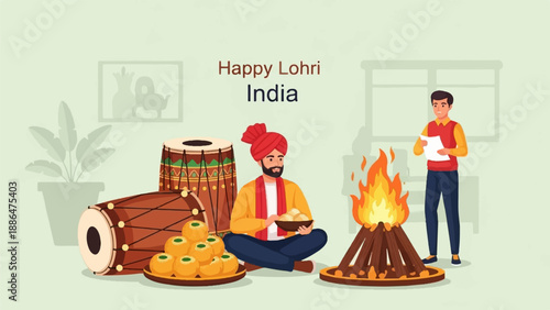 Festive celebration with drums, bonfire, sweets, and men in traditional attire