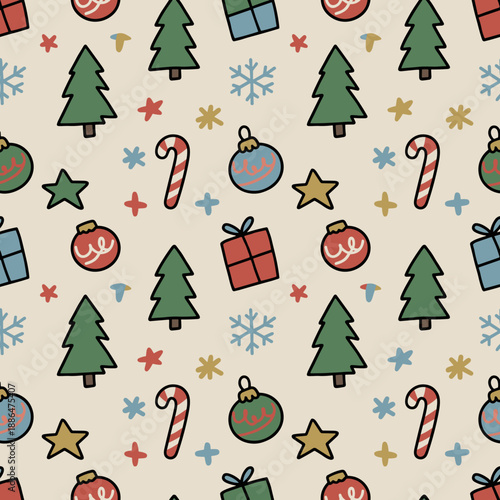 Festive handdrawn doodle pattern featuring Christmas trees gifts and ornaments Seasonal background