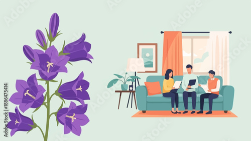 People discuss ideas while bellflowers bloom in a pastel room