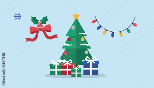 Flat design Christmas illustration decorated tree colorful gifts lights holly and snowflake background