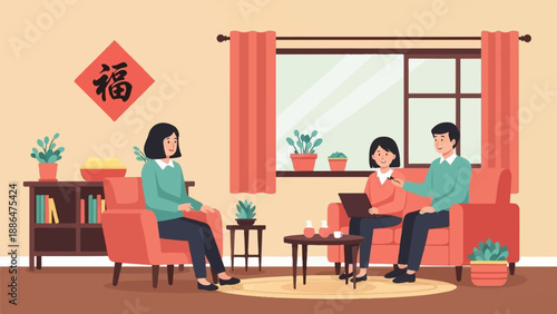 People gathered in a cozy living room, working and relaxing together