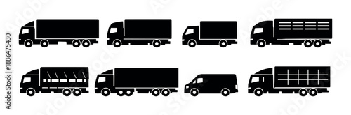 Set of various truck silhouettes on gray background