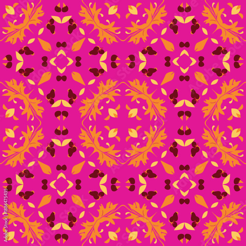Seamless ornate tile pattern in bright pink orange and yellow Abstract background for textile or digital use