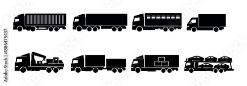 Silhouette icons of diverse trucks and cargo vehicles on gray background