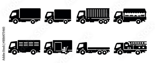 Eight black and white truck icons on gray background