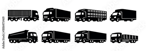 Silhouette icons of various trucks on dark background