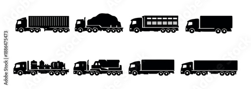 Silhouette of various trucks on gray background