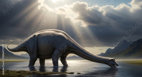 Brachiosaurus dinosaur drinking water from a lake with mountains and sunny sky. Prehistoric animal life in Jurassic period.