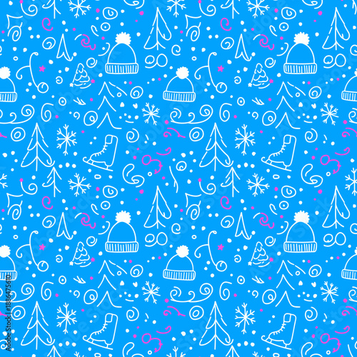 Cute winter doodle seamless pattern on blue Christmas holiday design textiles decor