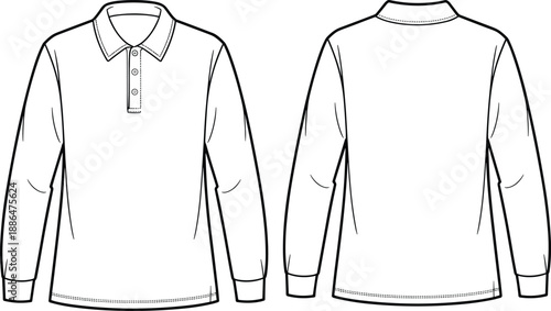 Long sleeve polo shirt front back view technical CAD drawing flat vector illustration apparel fashion template design outline clothing mockup,