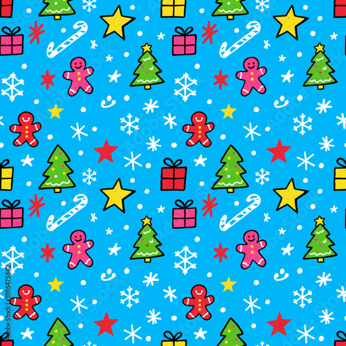 Vibrant holiday doodle pattern trees gifts gingerbread and snowflakes on bright blue