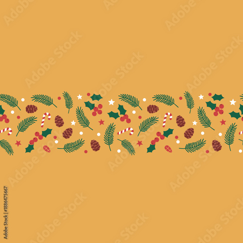 Festive Christmas border pattern with traditional holly pine and candy cane elements on yellow