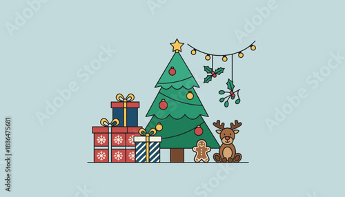 Festive Christmas scene illustration tree gifts reindeer and gingerbread on a blue background