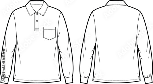 Long sleeve polo shirt with chest pocket front back view technical CAD drawing flat vector illustration apparel fashion template,