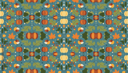 Seamless autumn pattern with pumpkins acorns and maple leaves on teal Harvest graphic background