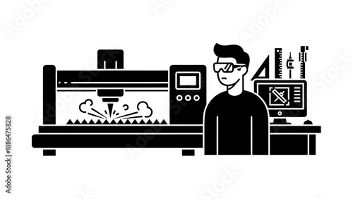 Man operating a laser cutting machine with computer controls.