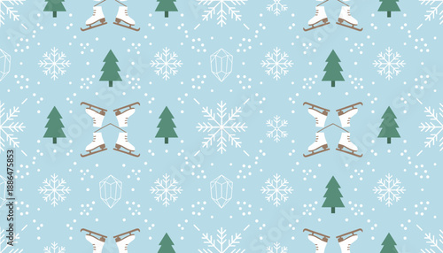 Cute winter holiday seamless pattern with ice skates Christmas trees and snowflakes