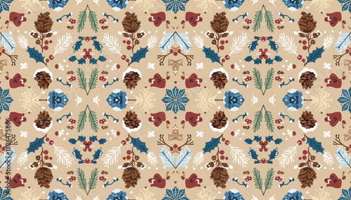 Rustic holiday seamless pattern featuring pine cones holly and winter elements on a kraft paper texture