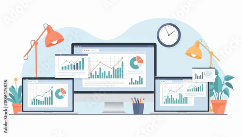 Multiple screens display financial charts and graphs on a desk