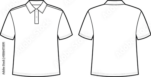Short sleeve polo shirt front back view technical CAD drawing flat vector illustration apparel fashion template outline clothing mockup