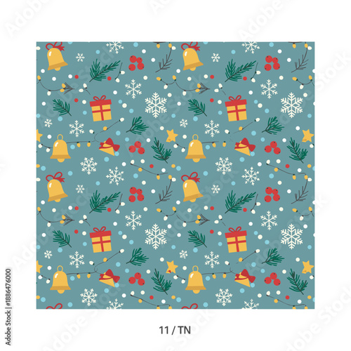 Christmas seamless pattern with bells gifts holly and snowflakes Holiday wallpaper design
