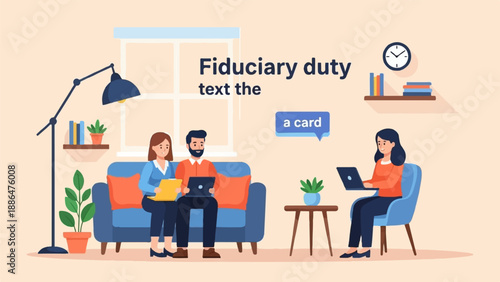People in a cozy room discussing fiduciary duty and using laptops for communication