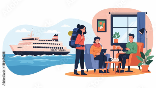 Ferry crossing with people working remotely and preparing for travel
