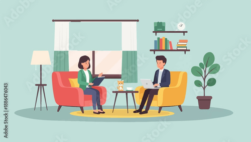 People in a cozy room, one with a laptop, the other with a tablet